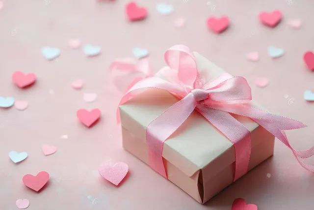 A pink ribbon heart-themed gift box rests on a pastel background with scattered small hearts.