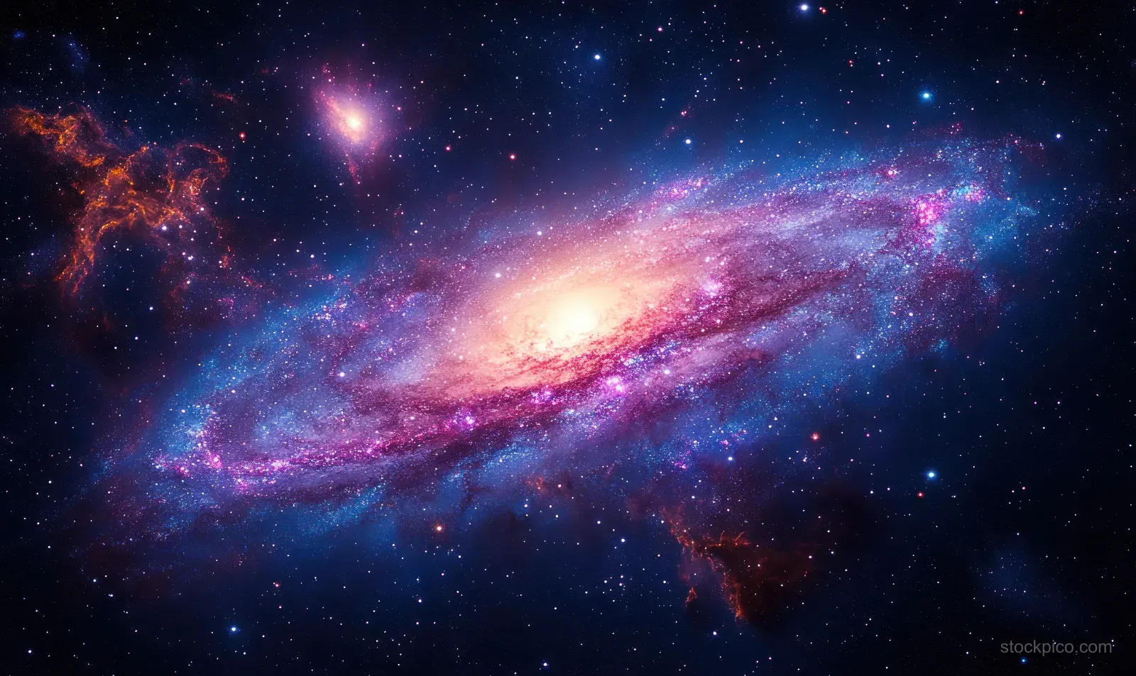 Colorful spiral galaxy with pink, purple, blue, and orange arms glowing in deep space full of stars.