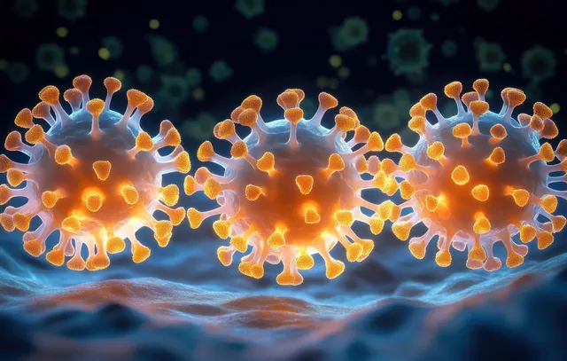 Spherical 3D virus particles with spike proteins float in a glowing blue microscopic background.
