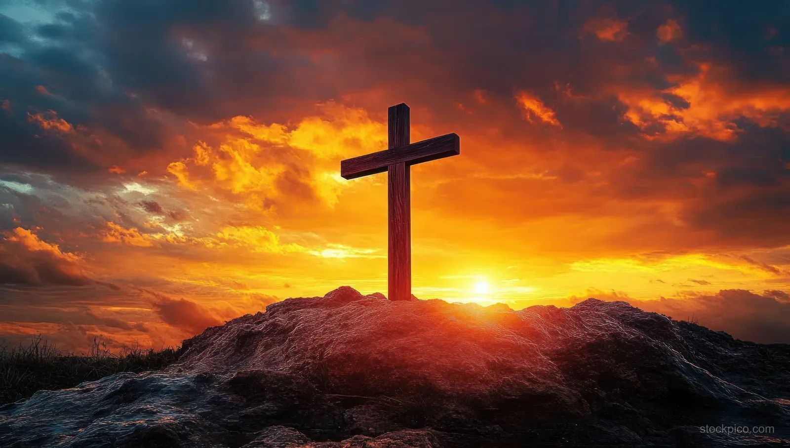 Wooden cross silhouette on a rocky hilltop against a glowing orange and yellow sunset sky.