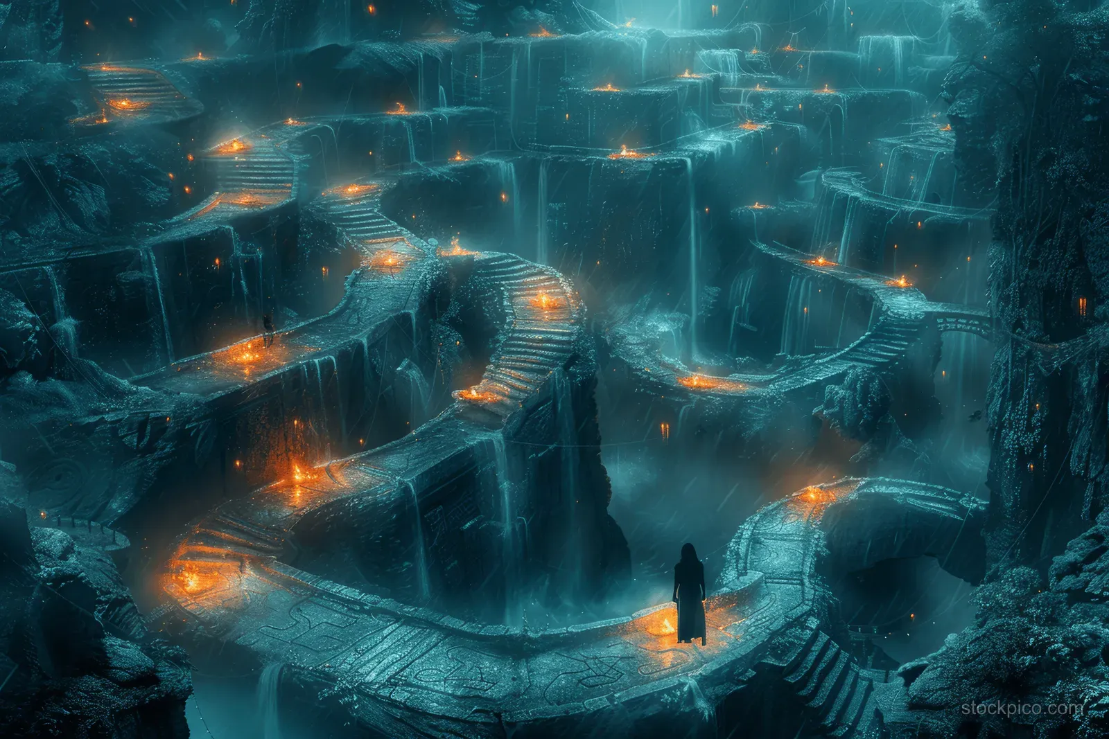 A man stands in a dark glowing labyrinth, looking down branching paths with floating light markers.