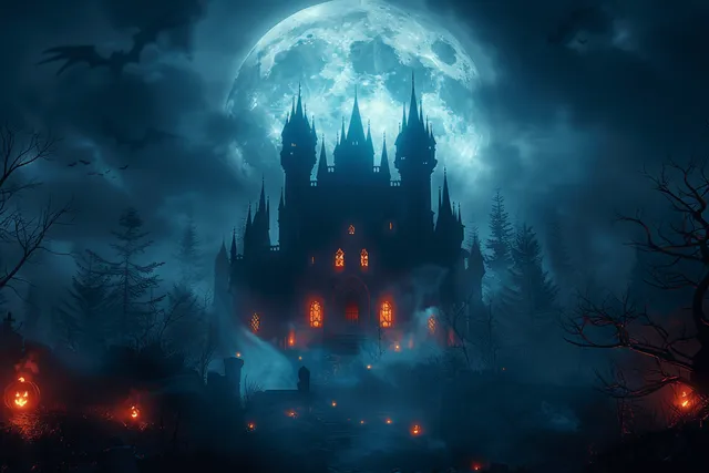 A haunted gothic castle under a full moon with glowing windows, floating bats, and flickering jack-o-lanterns in mist.