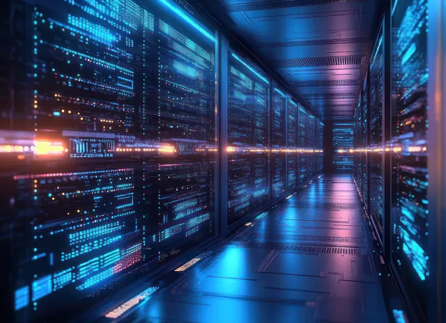 Neon-lit futuristic server corridor with glowing network cables and digital data streams