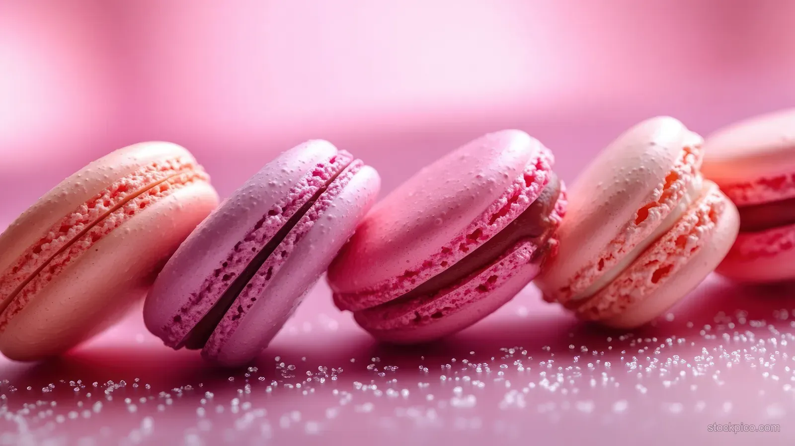 Pastel French macarons stacked diagonally with visible fillings and a light dusting of sugar on a soft pink background.