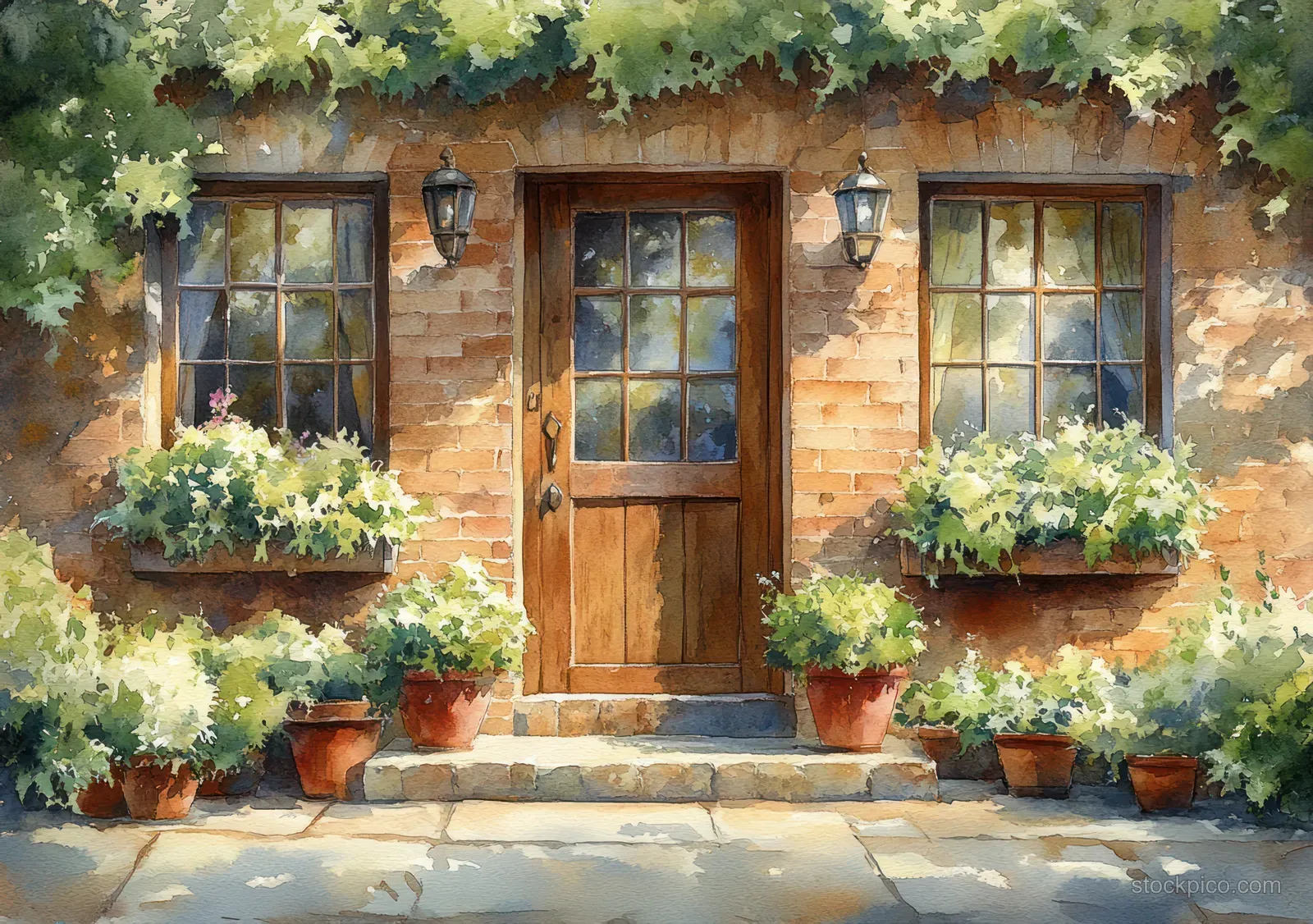 Brick house entrance with a wooden door, stone steps, and overflowing flower planters beside lush greenery.