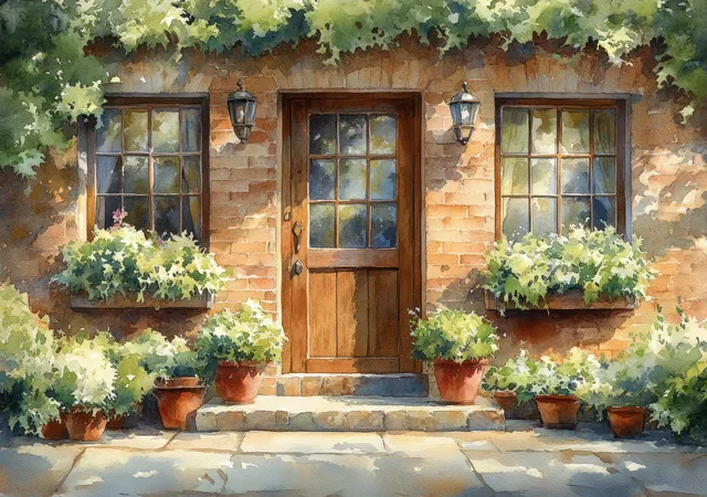 Brick house entrance with a wooden door, stone steps, and overflowing flower planters beside lush greenery.