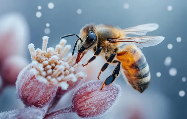 A bee drinks nectar from frost-covered flower buds while soft snowflakes drift in a winter outdoor scene.