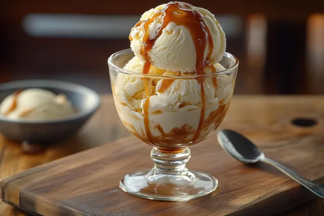 Three scoops of vanilla ice cream with caramel drizzle in a clear glass cup on a wooden board with a spoon.