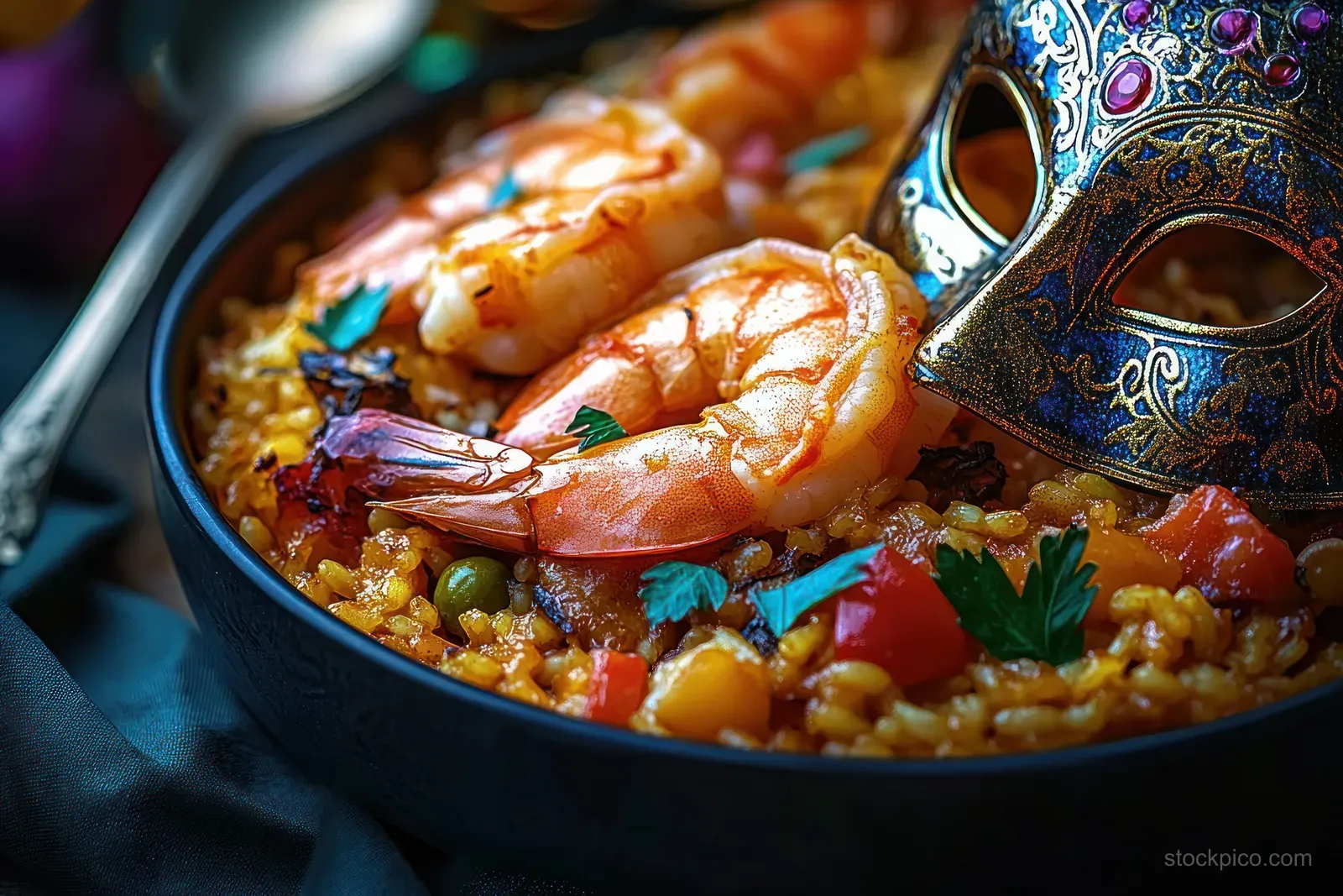 Shrimp paella in a skillet with saffron rice, peas, bell peppers, and an ornate masquerade mask nearby.