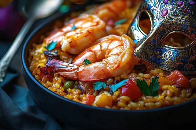 Shrimp paella in a skillet with saffron rice, peas, bell peppers, and an ornate masquerade mask nearby.
