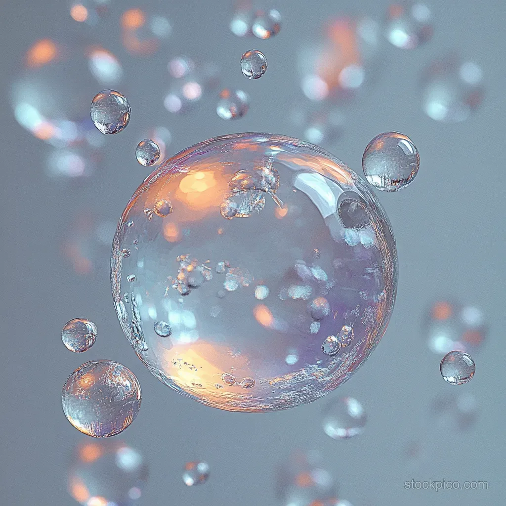 Transparent bubbles float in the air, reflecting soft blue and warm light with glossy highlights.