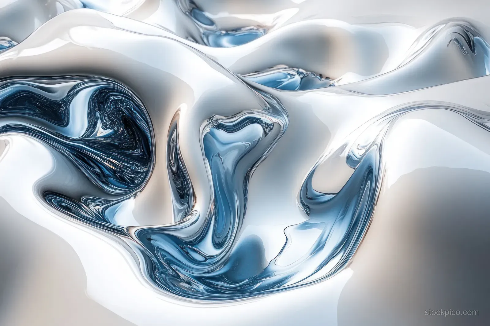 Reflective silver liquid metal waves and drips swirl across a white abstract background.