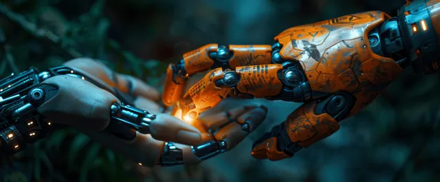 Futuristic robot hand and human hand touching glowing neural network inside a light bulb