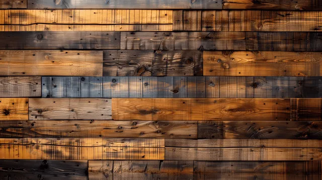 A rustic wooden wall background with uneven horizontal planks, knots, and weathered stains.