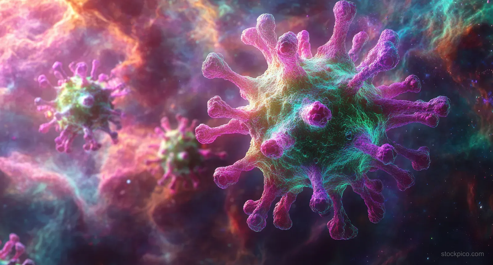 Multicolored varicella zoster virus particles float against a vibrant cosmic background with faint rash-like blister shapes.