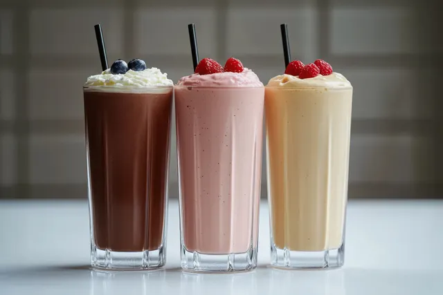 Three tall milkshakes in clear glasses with straws, whipped cream, and mixed berries on a white surface.