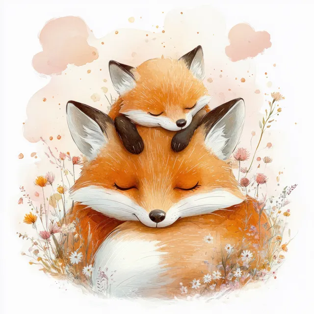 Mother fox and cub cuddling in a spring meadow, pastel wildflowers around them