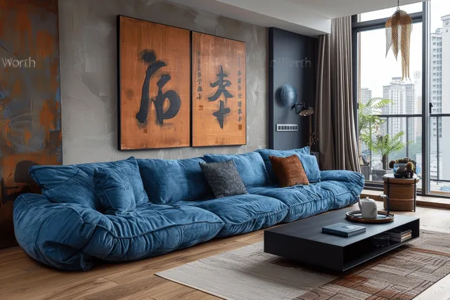 Blue minimalist sofa sits in a Japanese-style living room beside a low table and framed calligraphy art near a large window.