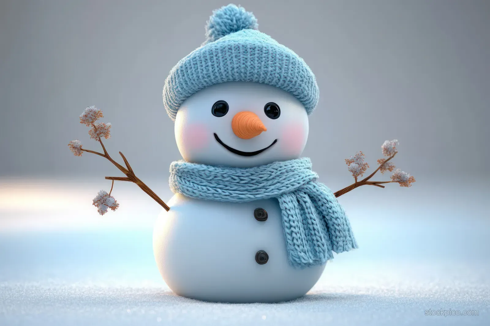 A smiling 3D snowman wearing a blue hat and scarf stands on snow with gentle snowflakes falling.