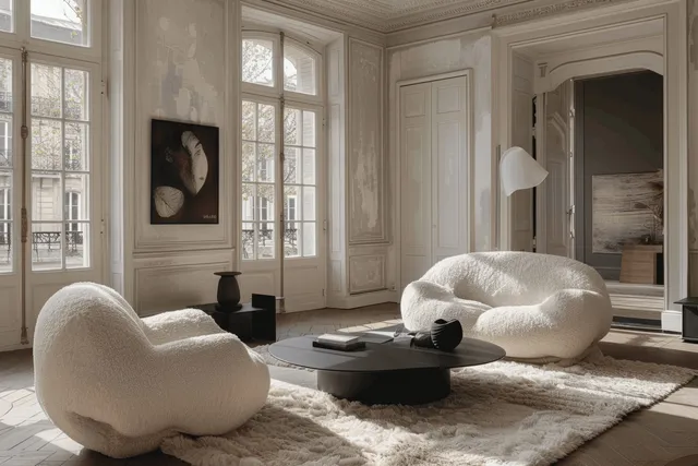 Minimalist Parisian living room interior with fluffy curved chairs, black coffee table, wall paneling, and soft daylight through large windows.