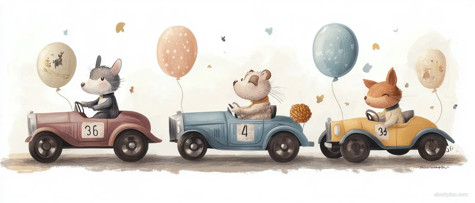 Rabbits race three vintage cars while floating balloons decorate a sunlit watercolor road scene.