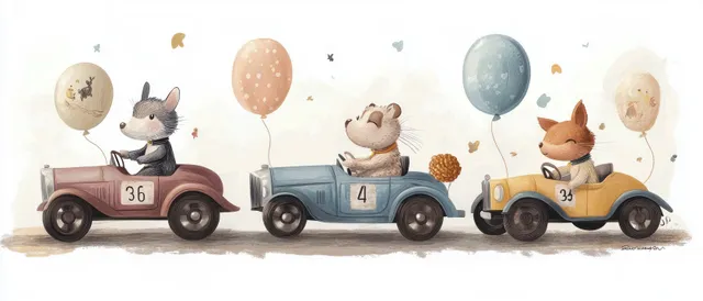 Rabbits race three vintage cars while floating balloons decorate a sunlit watercolor road scene.