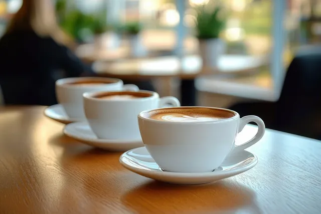 Three white ceramic coffee cups on saucers sit on a wooden cafe table with a blurred interior background.
