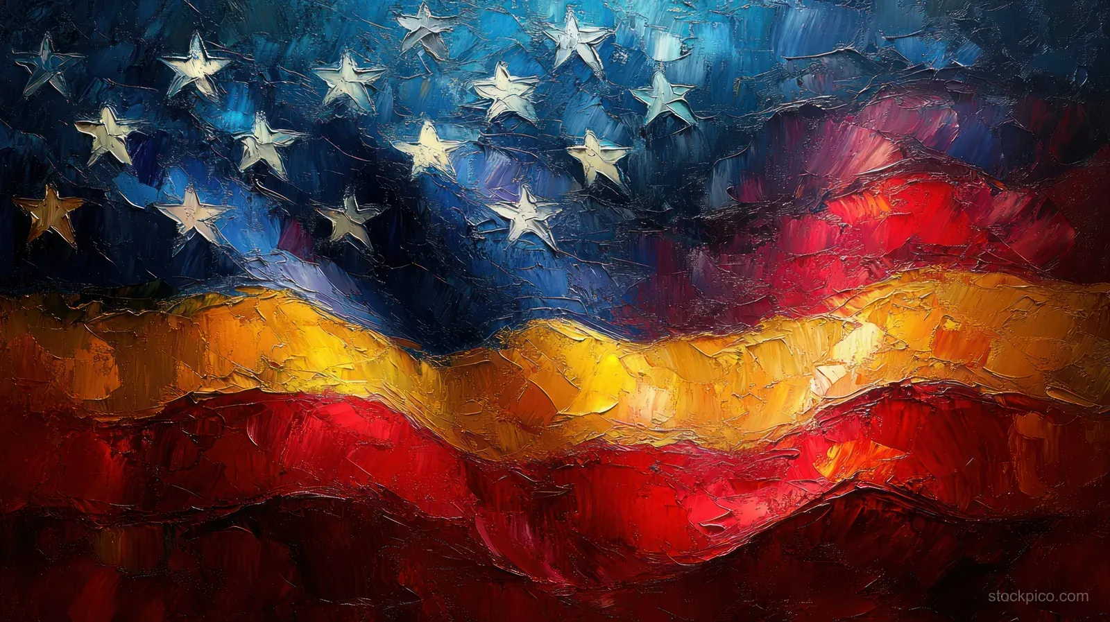 Textured abstract American flag painted with flowing stars and stripes in dramatic blue, red, and gold lighting.