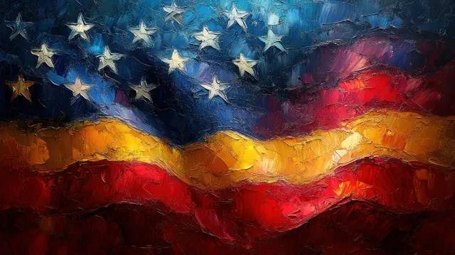 Textured abstract American flag painted with flowing stars and stripes in dramatic blue, red, and gold lighting.