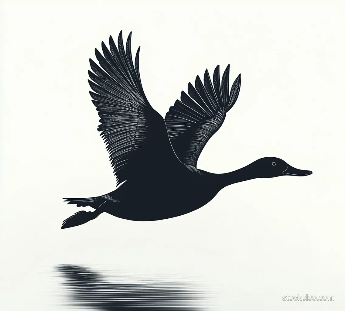 Silhouette of a flying duck with outstretched wings and a reflection on calm water below.