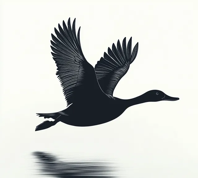 Silhouette duck gliding over calm water with mirrored reflection and outspread wings