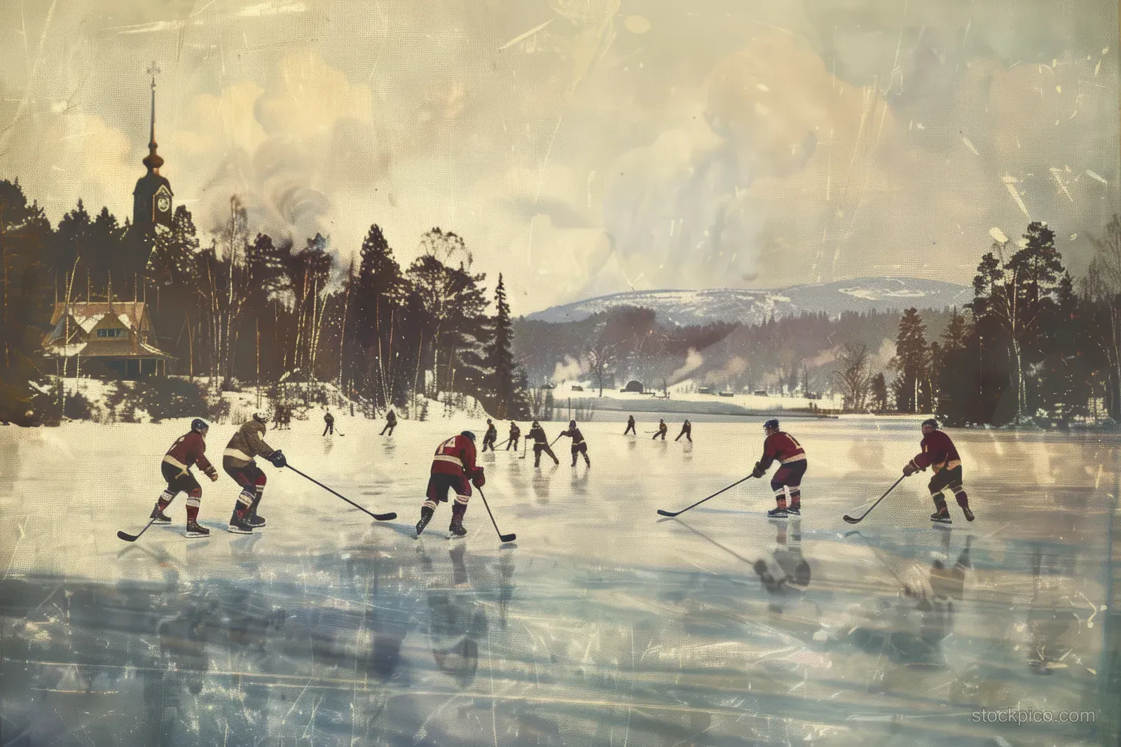 Men’s ice hockey players skate across a frozen lake during a match with snowy pine trees and cabins in the background.