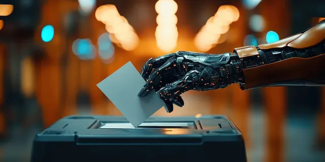 Futuristic robotic hand casting a paper ballot into a glowing ballot box