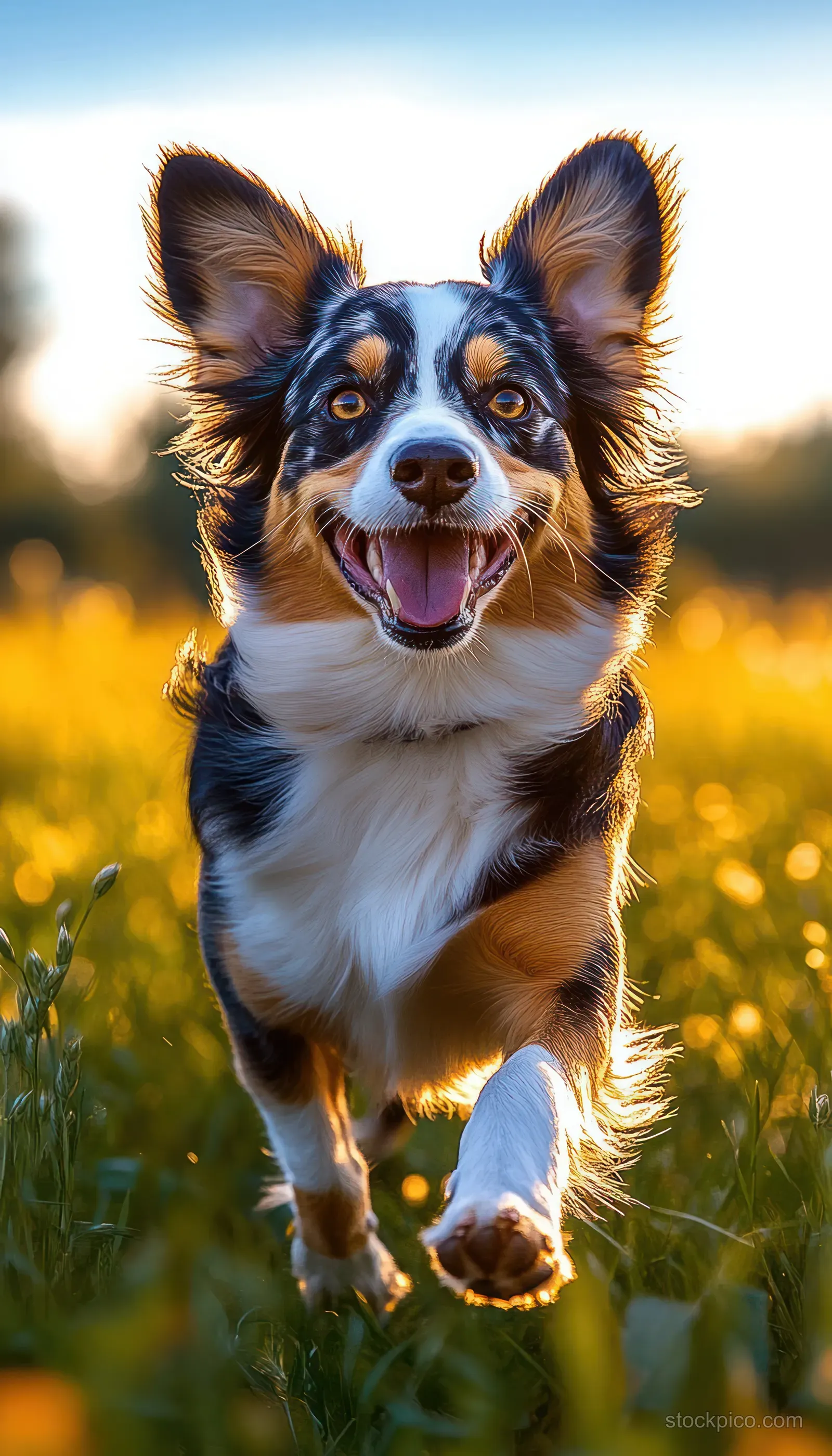 A cheerful dog sprints across a sunlit grassy field with ears up and mouth open in motion.