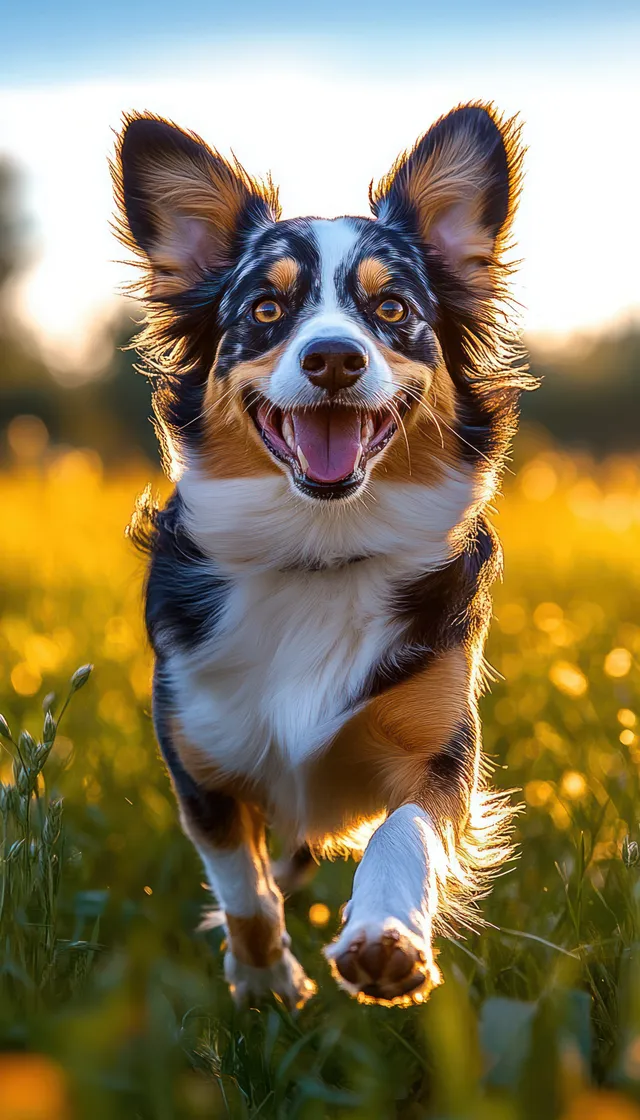 Happy dog sprinting through sunlit grassy field, ears perked and mouth open
