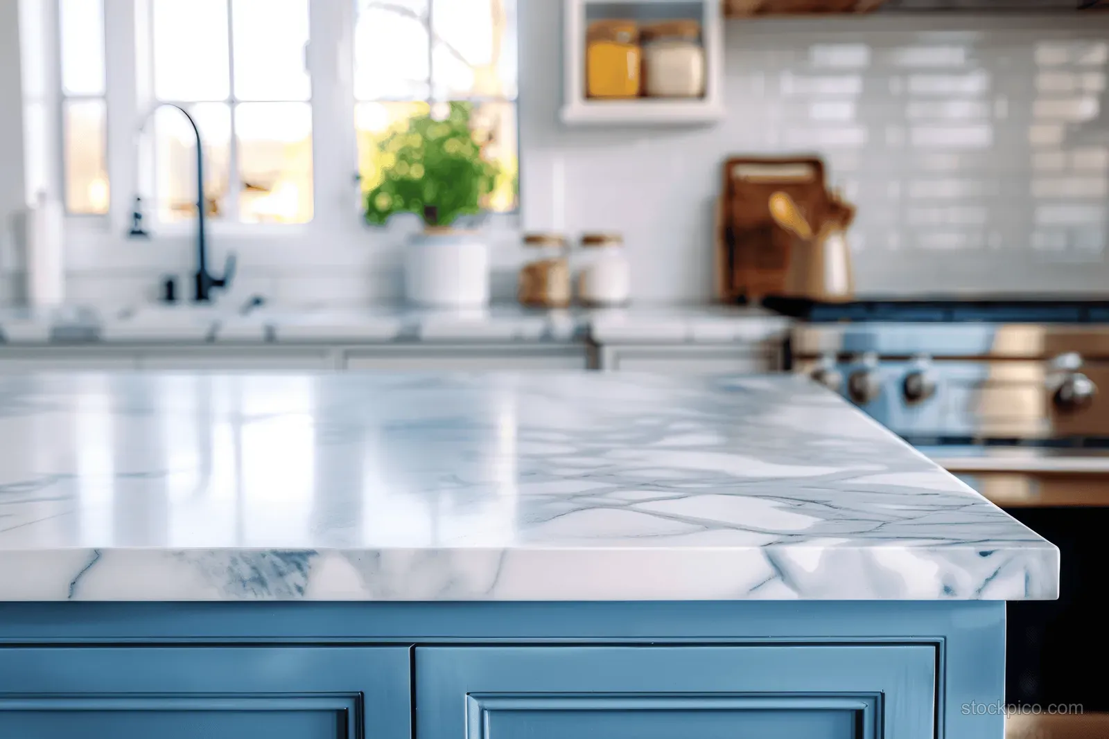 Sunlit marble kitchen island with blue cabinet fronts, stainless faucet, and blurred appliances in the background.