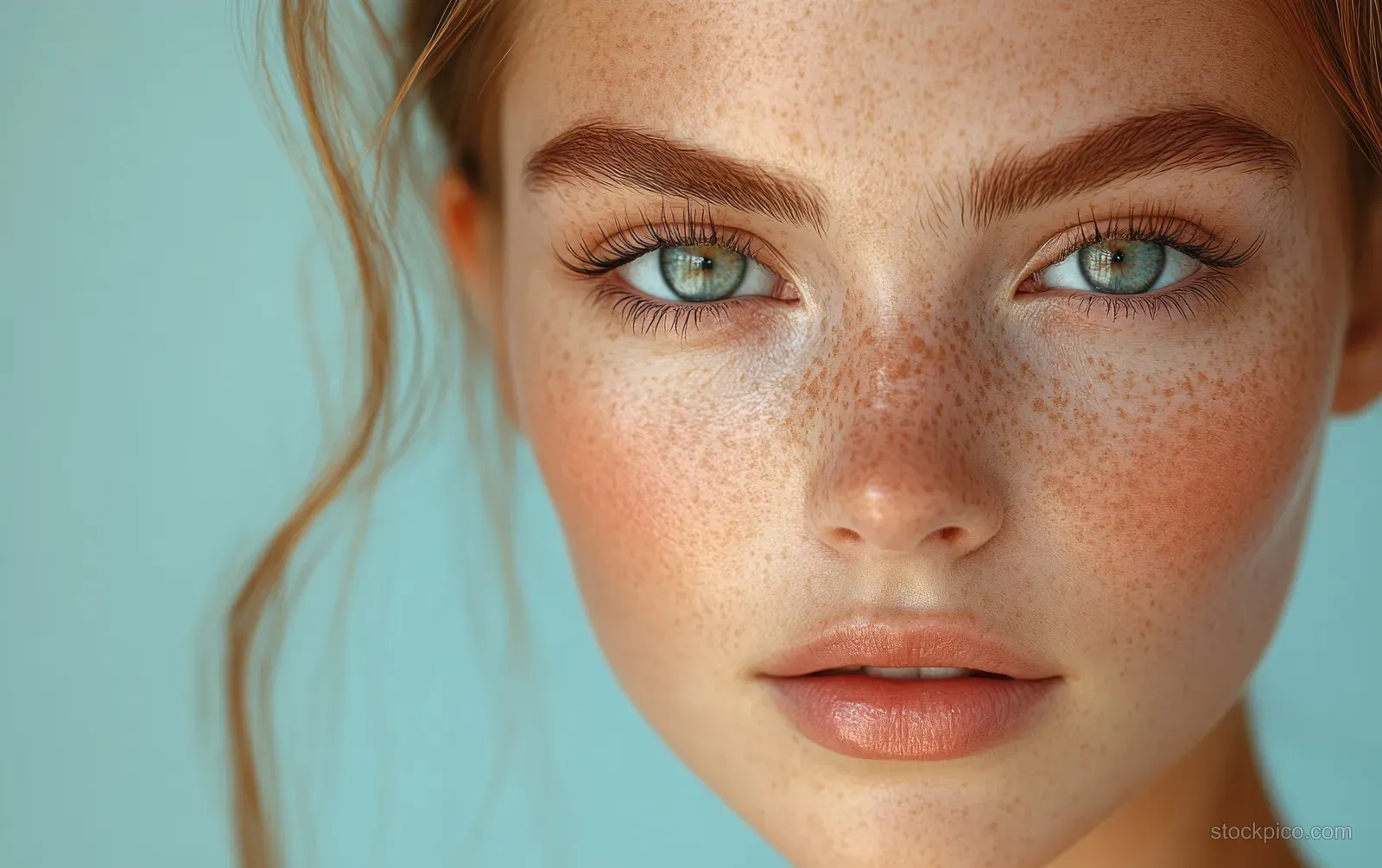 A freckled fair-skinned woman applies moisturizer to her face in a minimalist portrait against a pastel blue background.