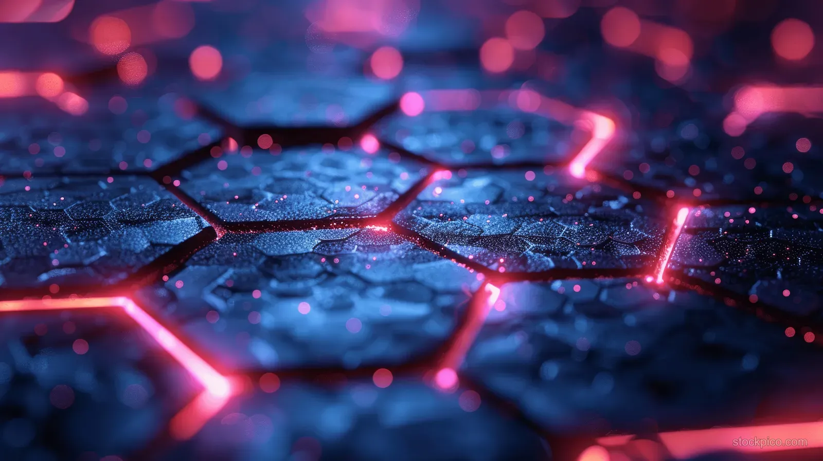 Dark blue 3D hexagonal grid network glows with magenta neon edges and surrounding light particles.