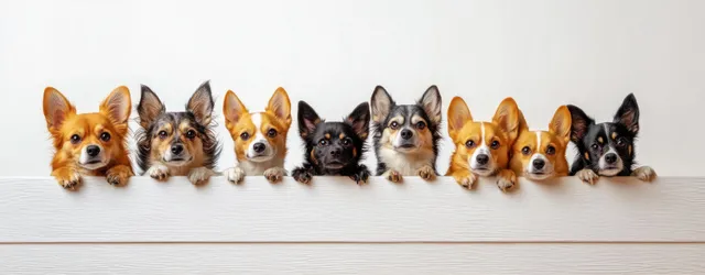 A line of small dogs peeks over a white barrier, each showing its head and different fur colors.
