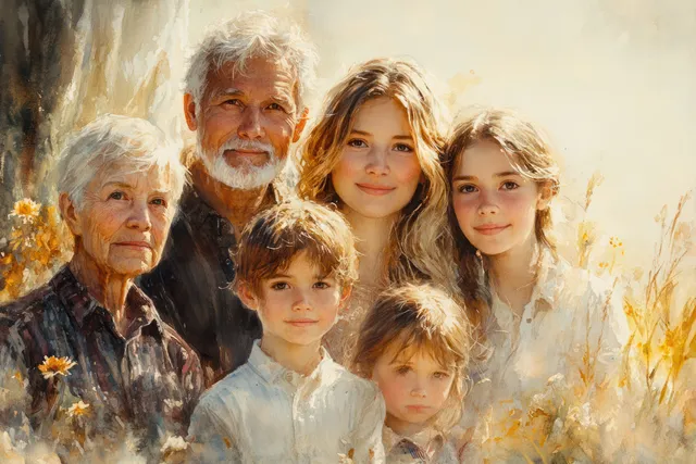 Grandparents, parents, and children pose smiling together inside a cozy home with soft natural light.