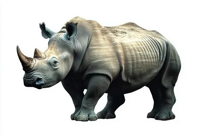 Sideways rhinoceros in studio light, showcasing thick wrinkled skin and two horns