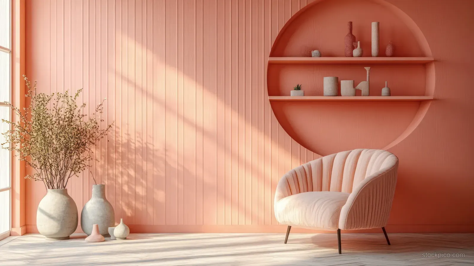 Peach minimalist living room corner with a curved shelf, cream armchair, and small vases on the floor.