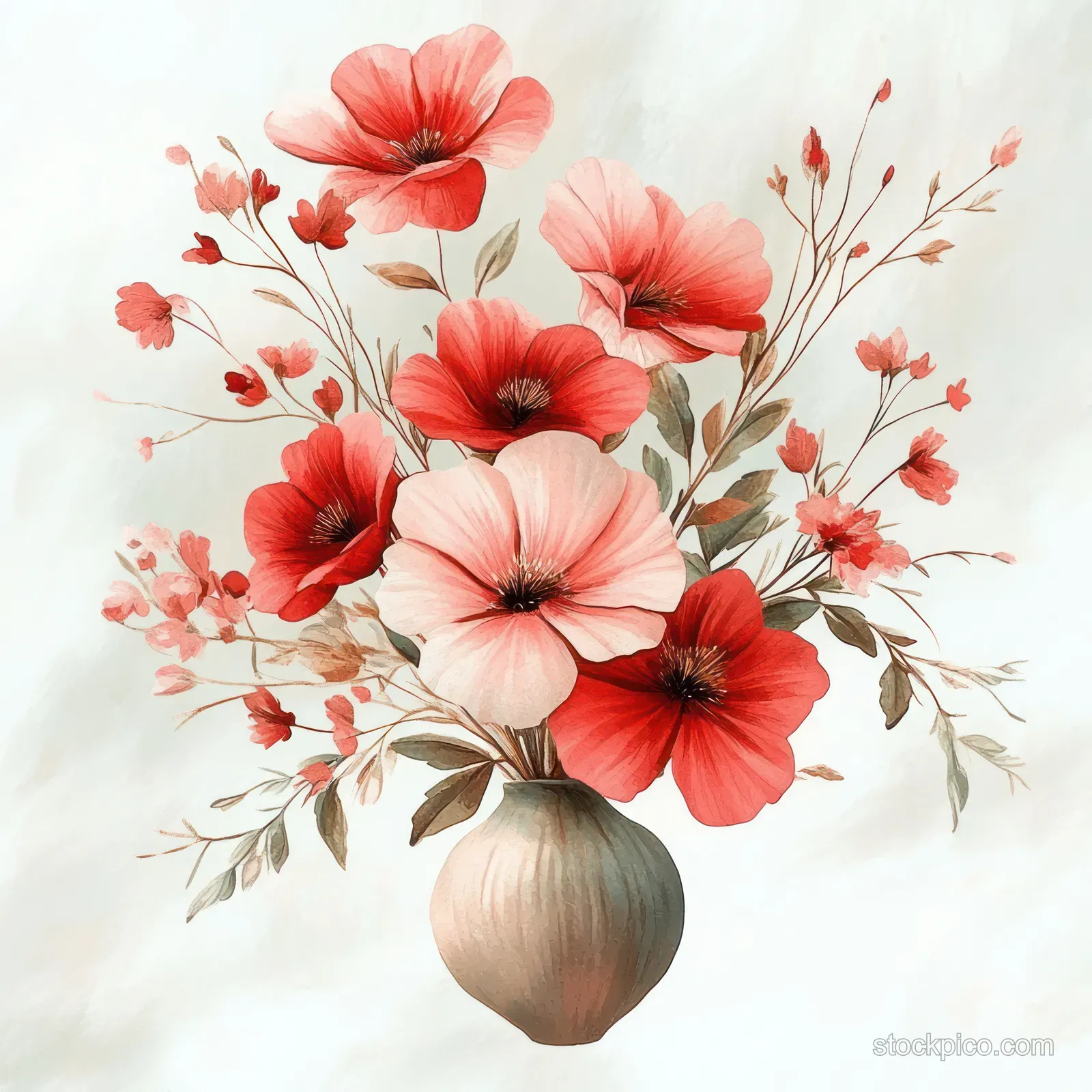 Watercolor bouquet of red and pink flowers arranged in a pale vase with thin leafy stems.