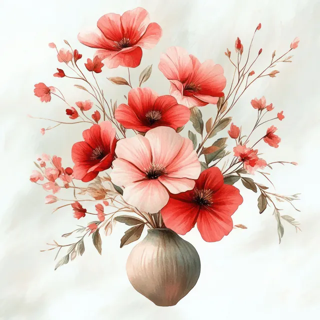 Watercolor bouquet of red and pink flowers arranged in a pale vase with thin leafy stems.