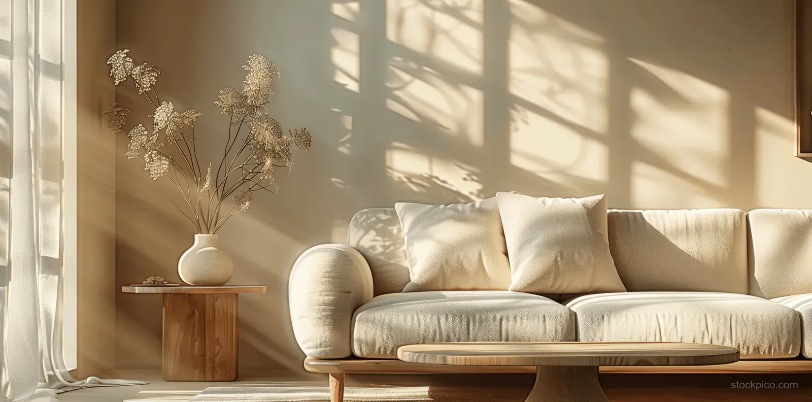 Beige sofa with white pillows sits beside a wooden coffee table under golden sunlight through a window.