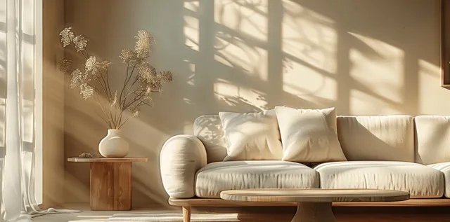 Beige sofa with white pillows sits beside a wooden coffee table under golden sunlight through a window.
