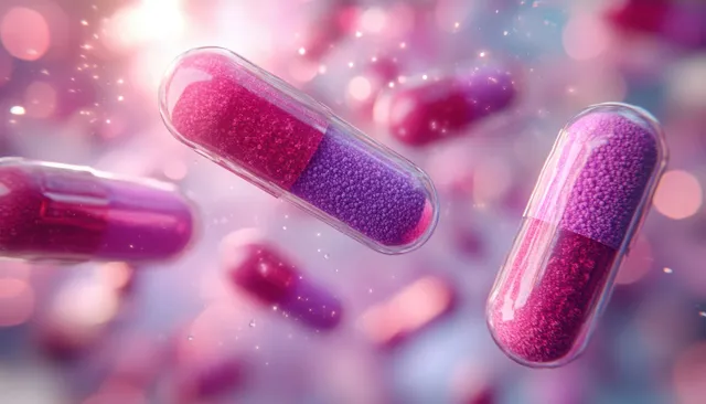 Glowing pink capsules floating above blurred medical background with soft bokeh lights