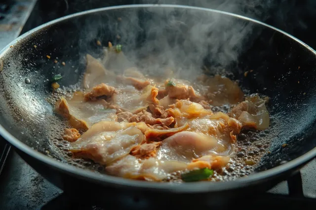 Beef tripe simmering in a metal wok with steam and bubbling sauce
