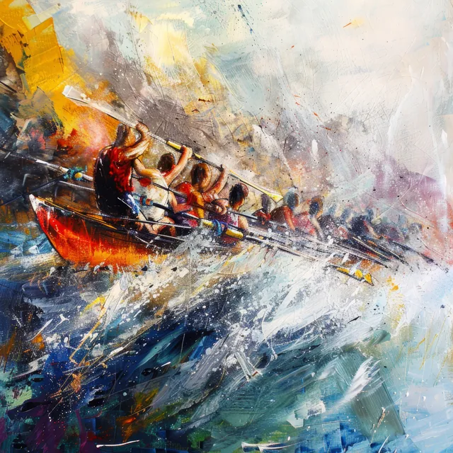 Abstract rowing crew pushes forward in a boat, with vivid oar strokes and splashing water across blue-gray motion.
