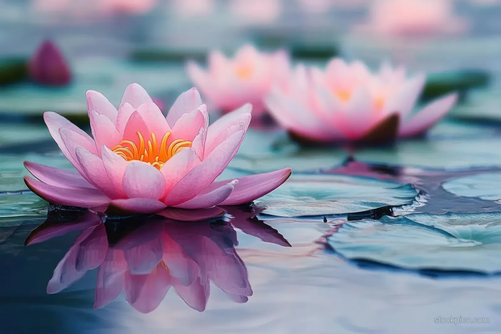 Pink water lily blooms on a calm pond, with soft morning light and visible reflections on the water surface.